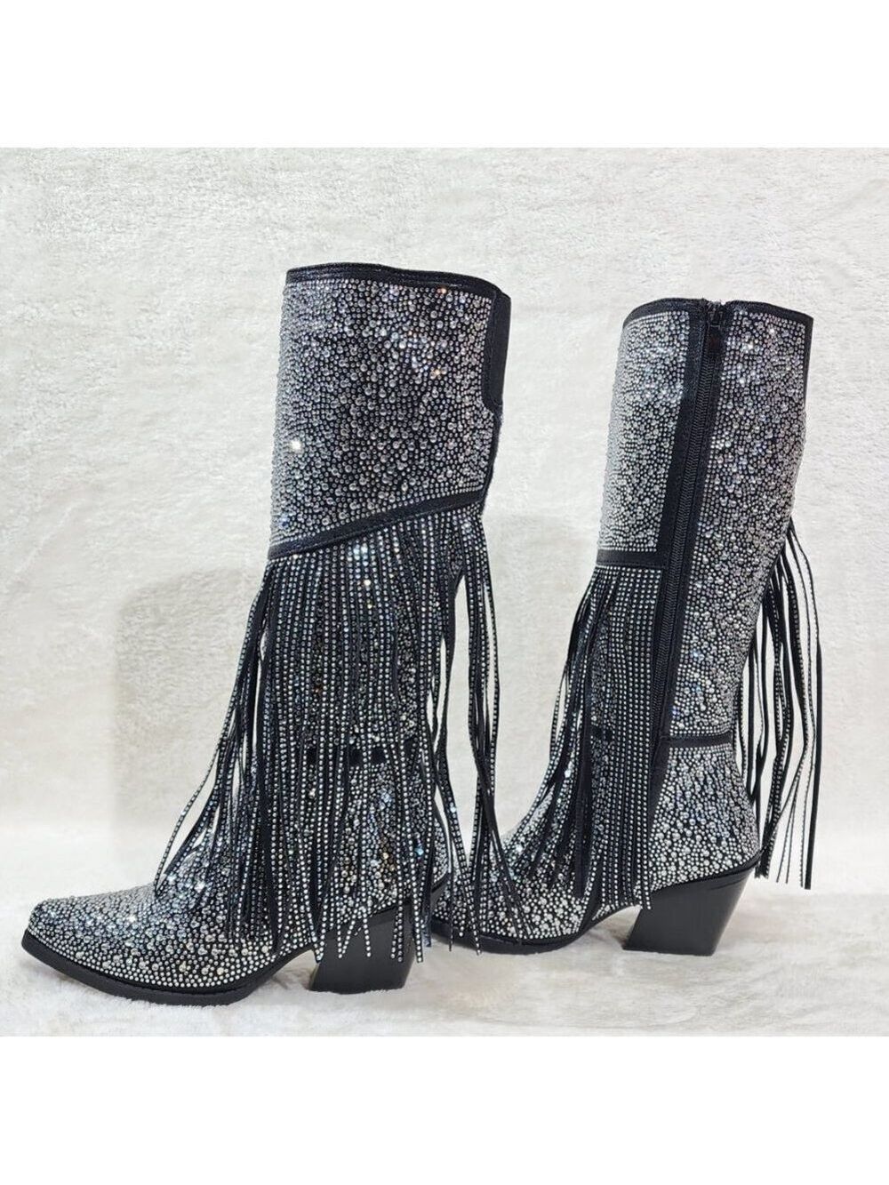 Western Diva Black Asymmetrical Fringe Rhinestone Glam Cowgirl Boots